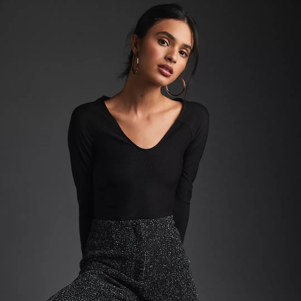 By Anthropologie Ribbed V-Neck Bodysuit in Black